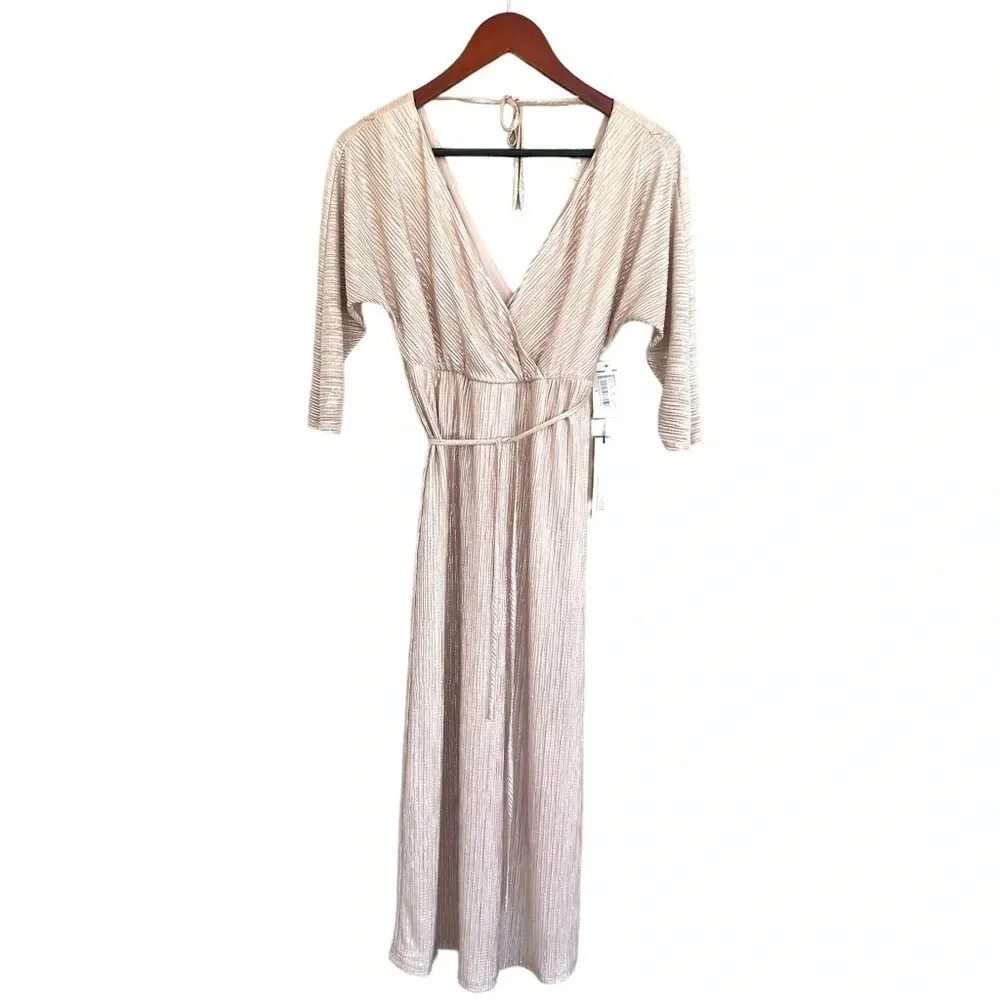 June & Hudson Dress Size S Midi Cocktail Metallic Beige Cream Silver V-neck